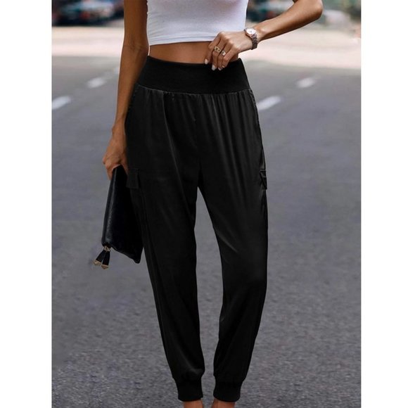 Luxe Look Satin Pocketed High Waist Joggers - Black - Picture 10 of 12